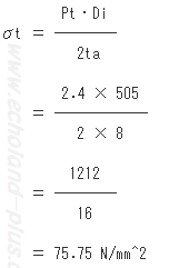 1種冷凍学識平成14年度問5 円筒胴接線方向応力σt計算式数値代入