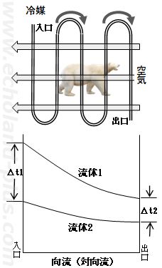 向流概略図と温度分布図